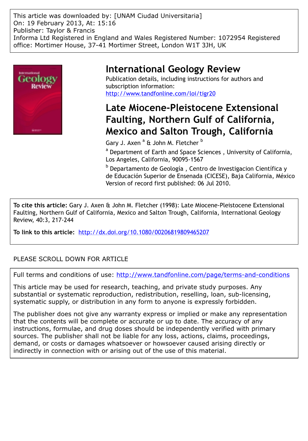 Late Miocene-Pleistocene Extensional Faulting, Northern Gulf of California, Mexico and Salton Trough, California Gary J