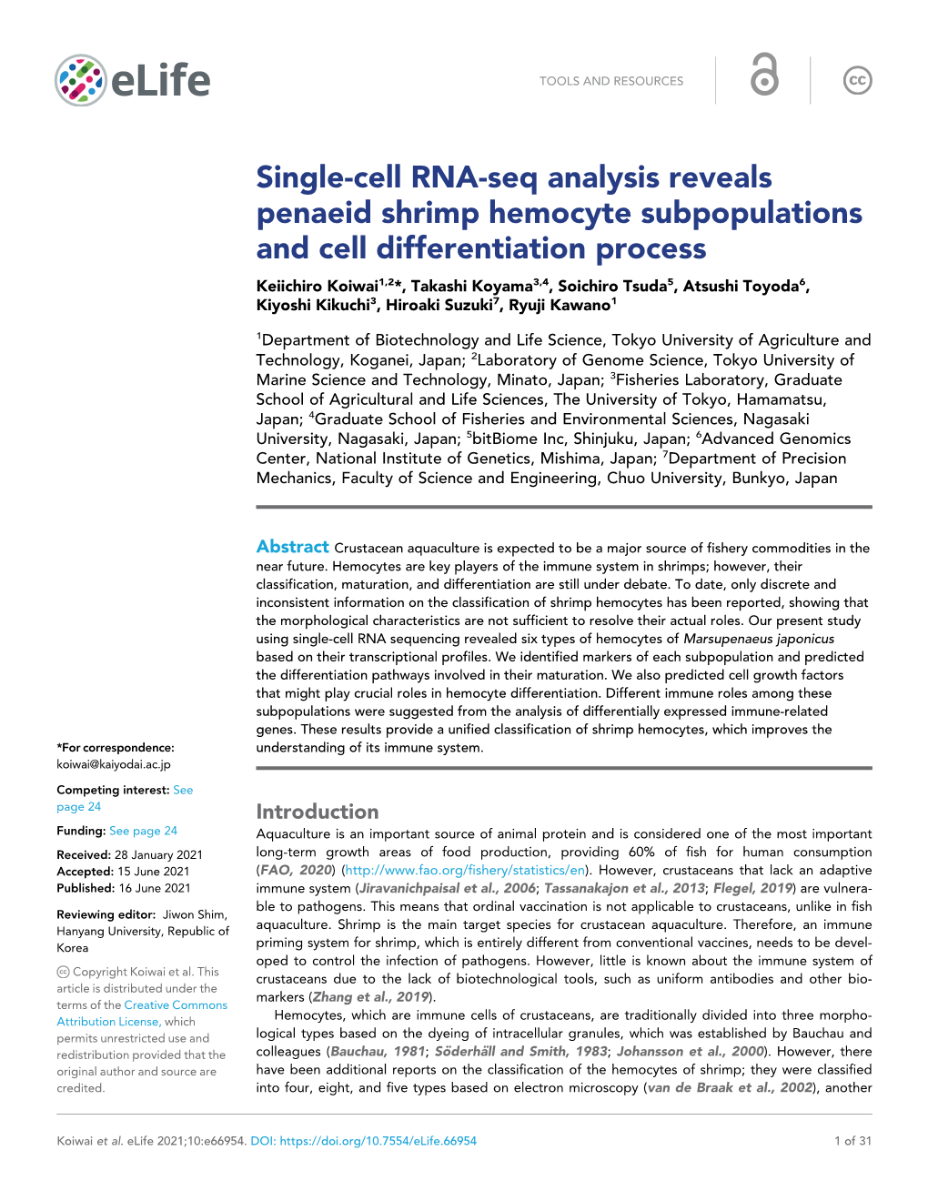 Single-Cell RNA-Seq Analysis Reveals Penaeid Shrimp Hemocyte Subpopulations and Cell Differentiation Process