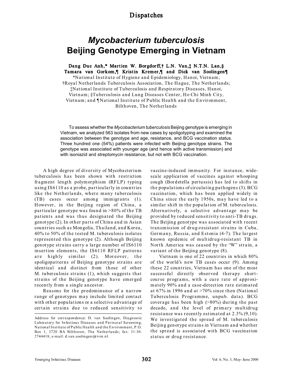 Mycobacterium Tuberculosis Beijing Genotype Emerging in Vietnam