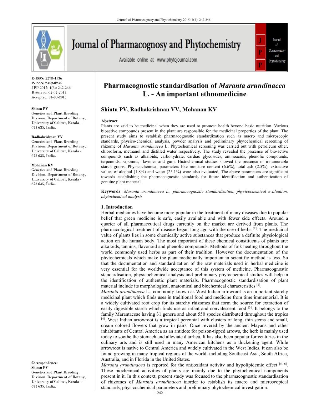Pharmacognostic Standardisation of Maranta Arundinacea L