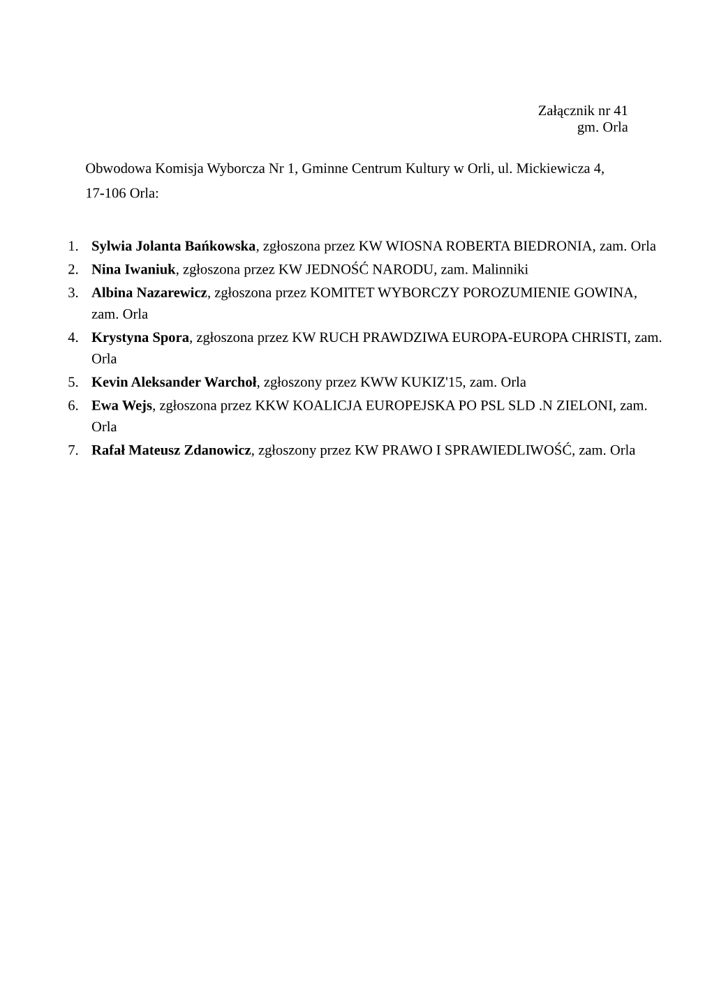 Załącznik Nr 41 Gm. Orla Obwodowa Komisja Wyborcza Nr 1, Gminne Centrum Kultury W Orli, Ul. Mickiewicza 4, 17-106 Orla: 1