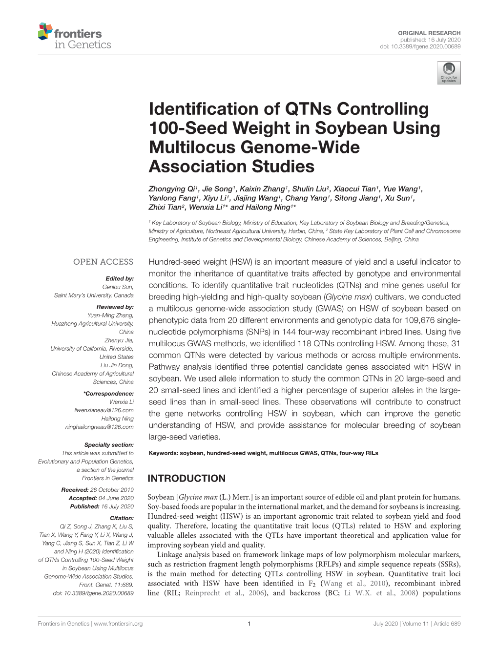 Identification of Qtns Controlling 100-Seed Weight in Soybean Using