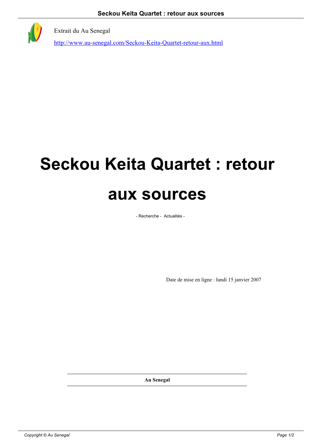 Seckou Keita Quartet : Retour Aux Sources