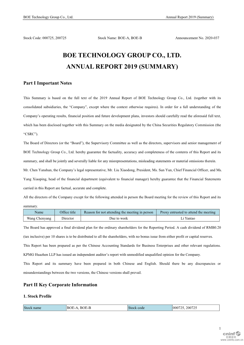 BOE Technology Group Co., Ltd. Annual Report 2019 (Summary)