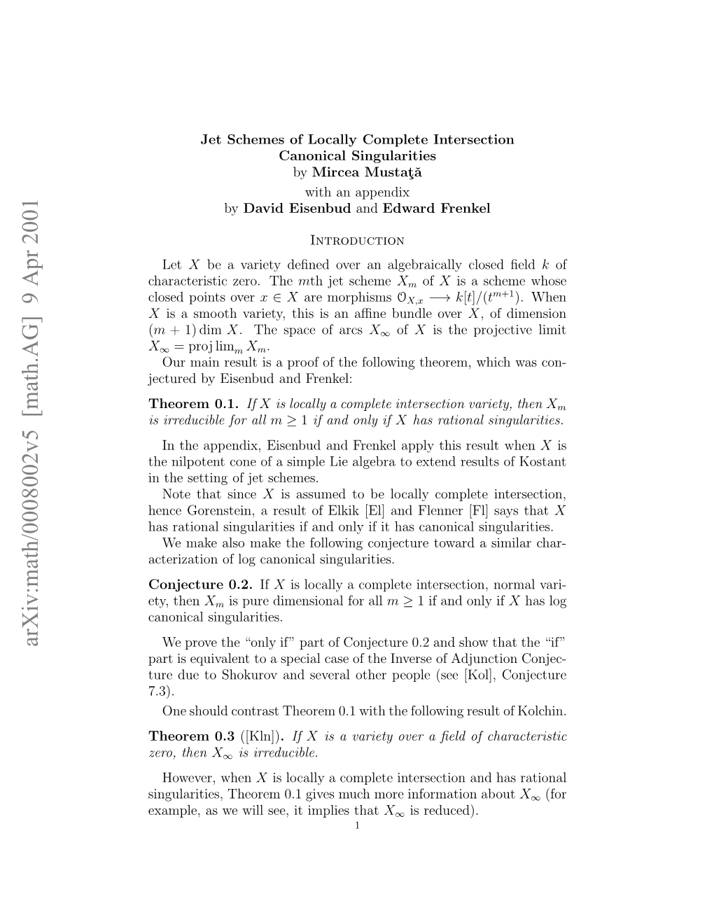 [Math.AG] 9 Apr 2001 Lsdpit Over Points Closed Hrceitczr.The Zero