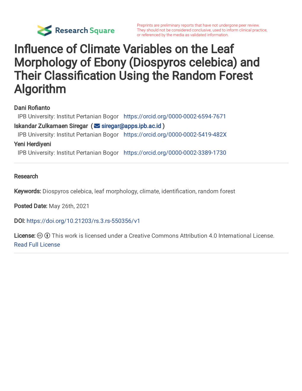 Influence of Climate Variables on the Leaf Morphology of Ebony (Diospyros Celebica) and Their Classification Using the Random Forest Algorithm