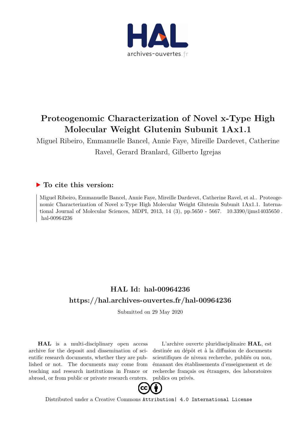 Proteogenomic Characterization of Novel X-Type High Molecular Weight Glutenin Subunit 1Ax1.1