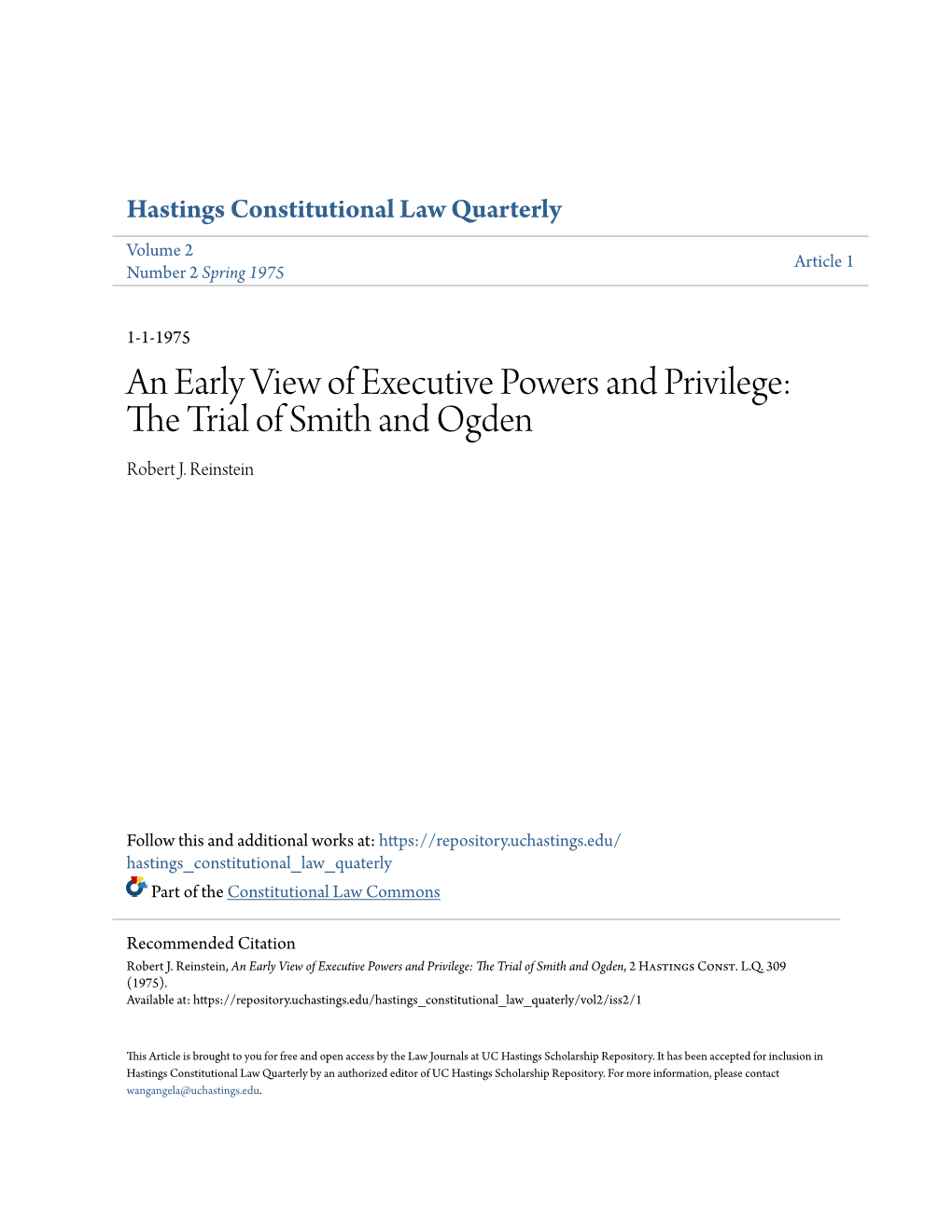 An Early View of Executive Powers and Privilege: the Rt Ial of Smith and Ogden Robert J