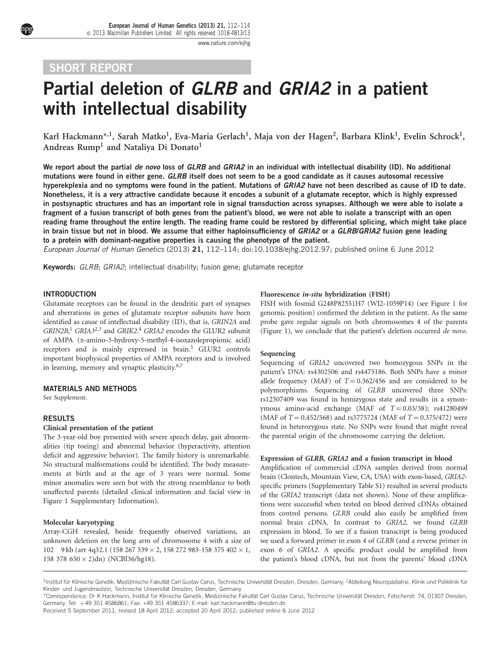 Partial Deletion of GLRB and GRIA2 in a Patient with Intellectual Disability