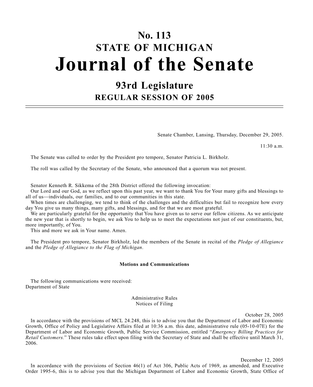 Journal of the Senate 93Rd Legislature REGULAR SESSION of 2005