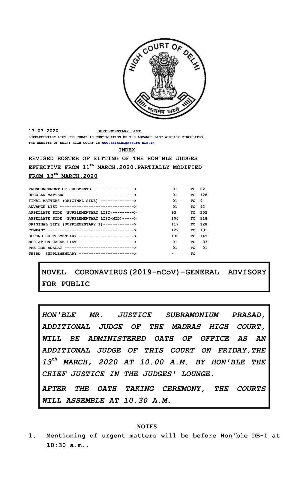 Hon'ble Mr. Justice Subramonium Prasad, Additional Judge of the Madras High Court, Will Be Administered Oath of Office As An