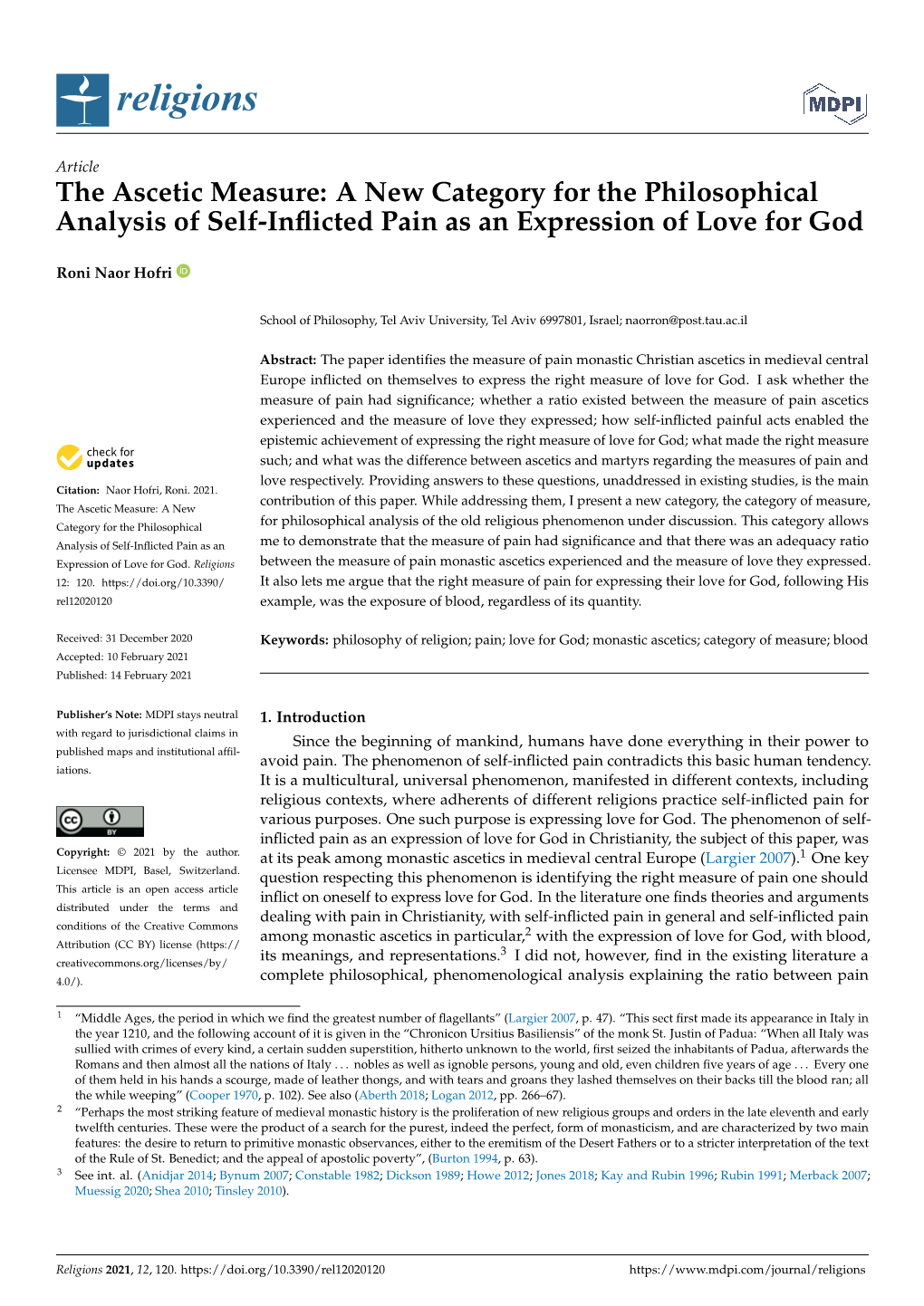 The Ascetic Measure: a New Category for the Philosophical Analysis of Self-Inﬂicted Pain As an Expression of Love for God