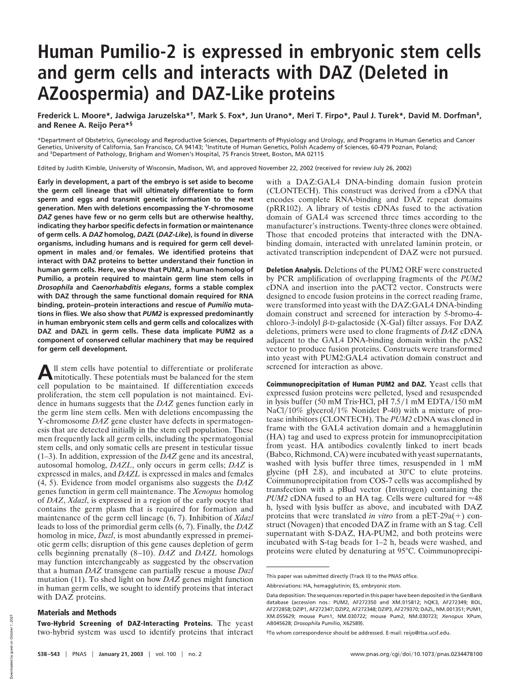 Human Pumilio-2 Is Expressed in Embryonic Stem Cells and Germ Cells and Interacts with DAZ (Deleted in Azoospermia) and DAZ-Like Proteins