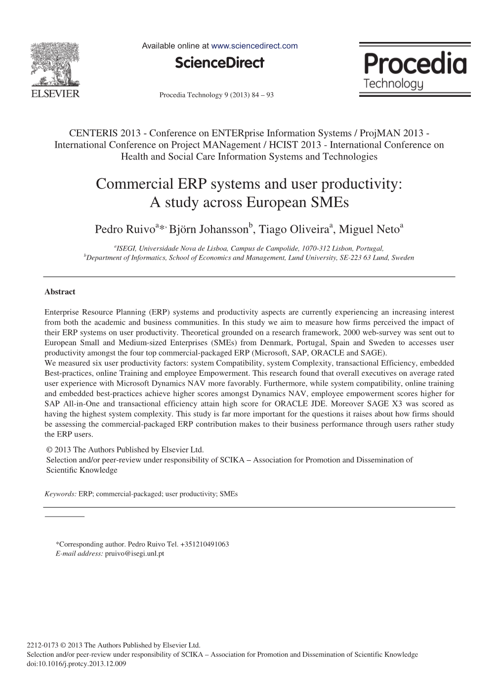 Commercial ERP Systems and User Productivity: a Study Across European Smes