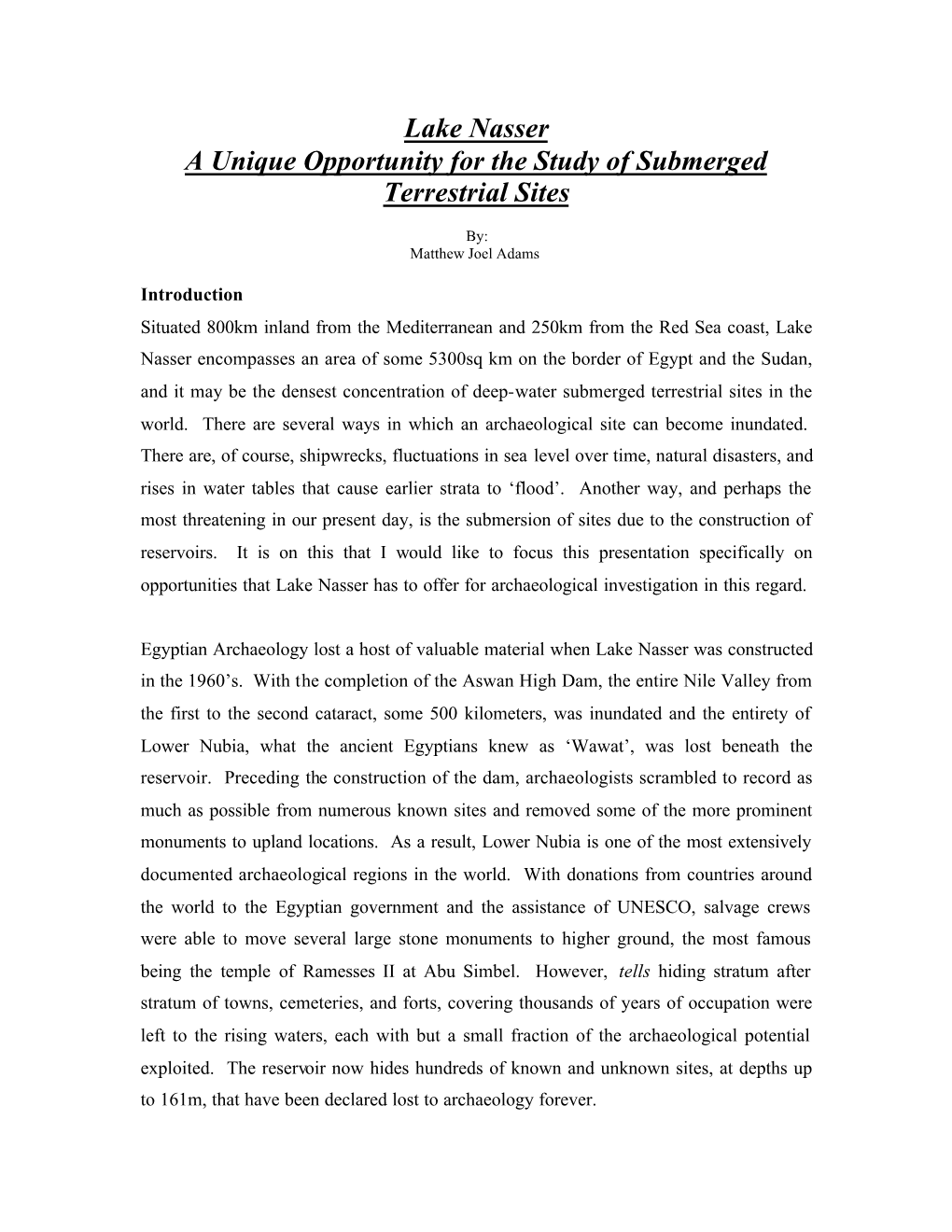 Proposed Investigation of Flooded Archaeological Remains Beneath Lake Nasser