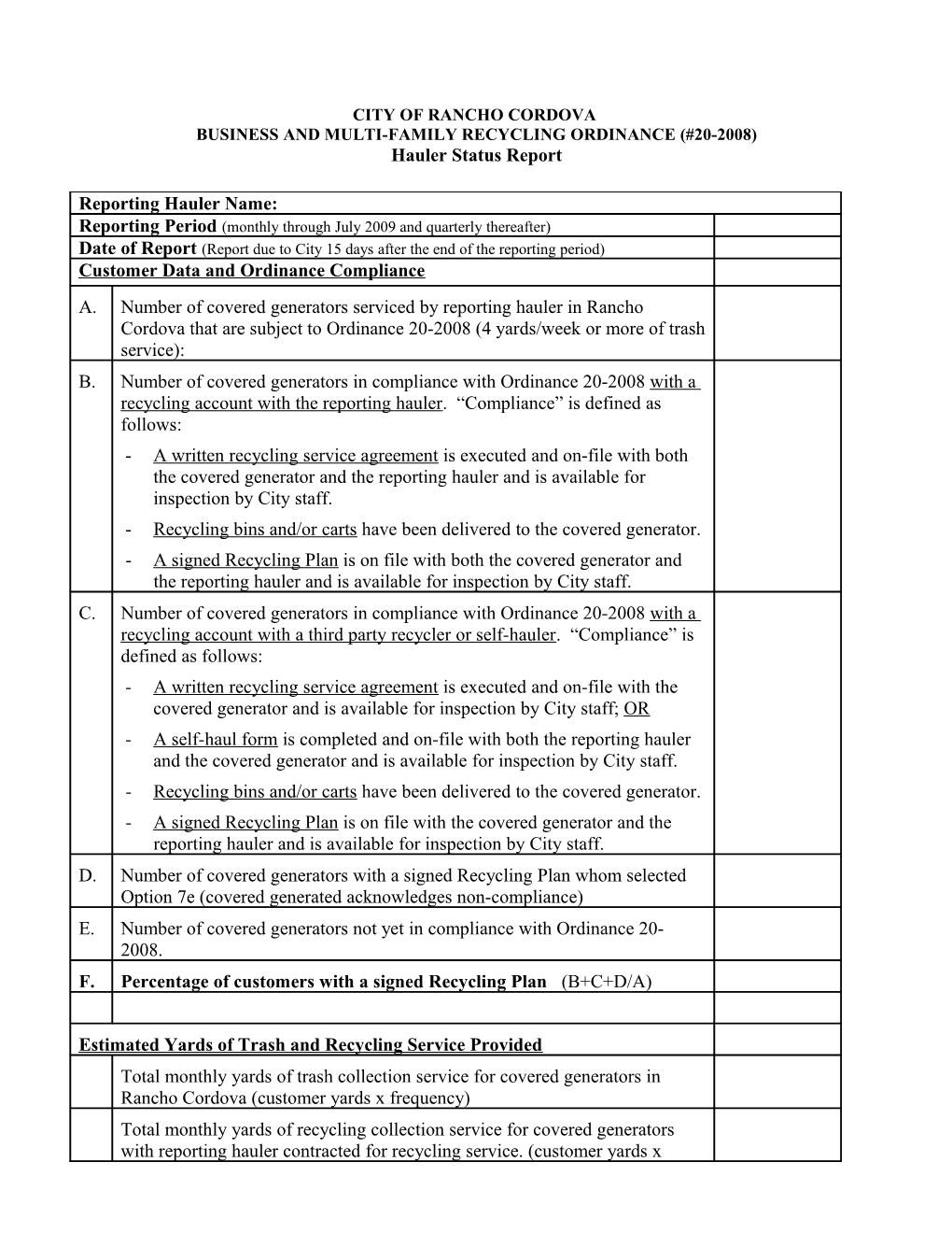 CITY of RANCHO CORDOVA BUSINESS and MULTI-FAMILY RECYCLING ORDINANCE (#20-2008) Hauler