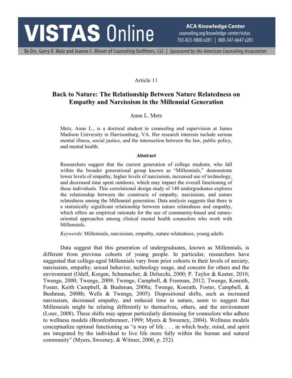 The Relationship Between Nature Relatedness on Empathy and Narcissism in the Millennial Generation