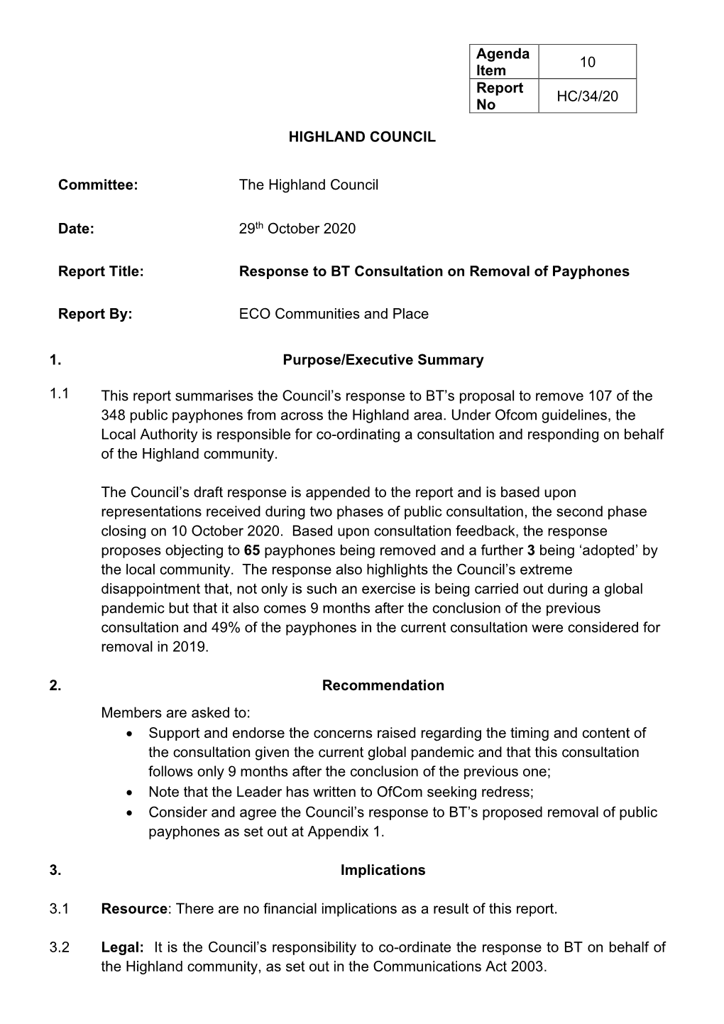 Item 10 Response to BT Consultation on Removal Of