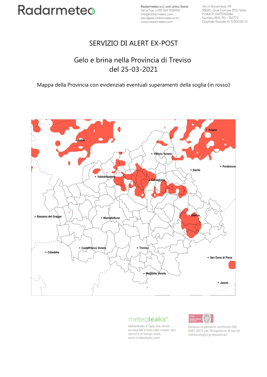 SERVIZIO DI ALERT EX-POST Gelo E Brina Nella Provincia Di Treviso Del