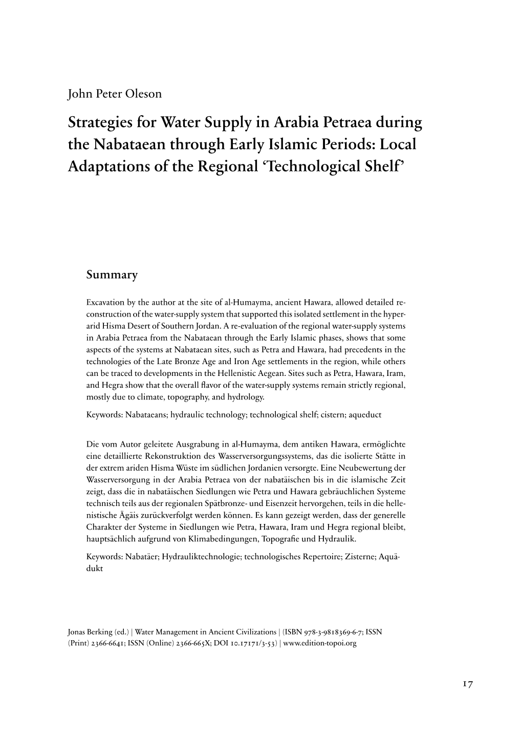 Strategies for Water Supply in Arabia Petraea During the Nabataean Through Early Islamic Periods: Local Adaptations of the Regional ‘Technological Shelf’