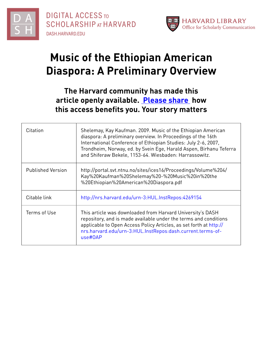 Music of the Ethiopian American Diaspora: a Preliminary Overview