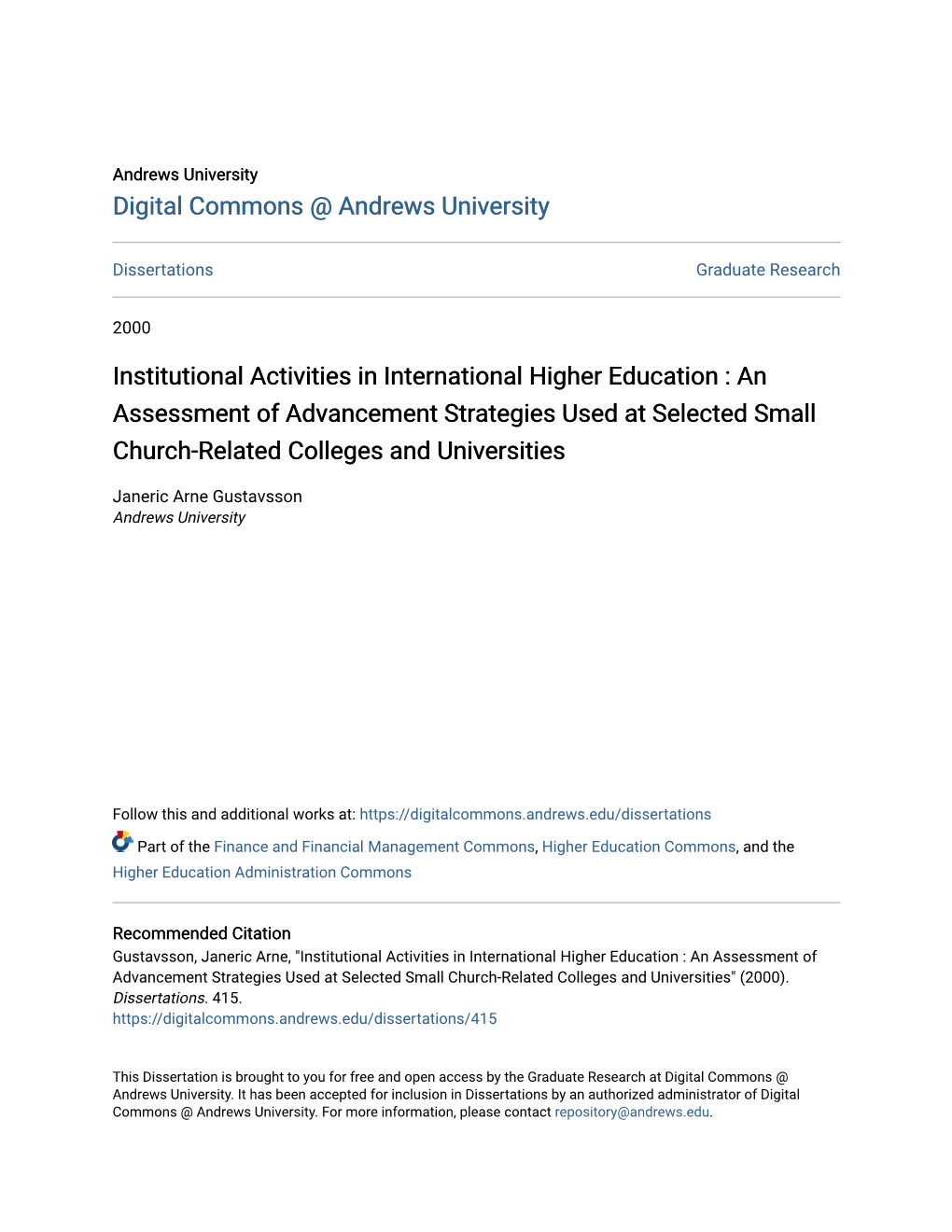 Institutional Activities in International Higher Education : an Assessment of Advancement Strategies Used at Selected Small Church-Related Colleges and Universities