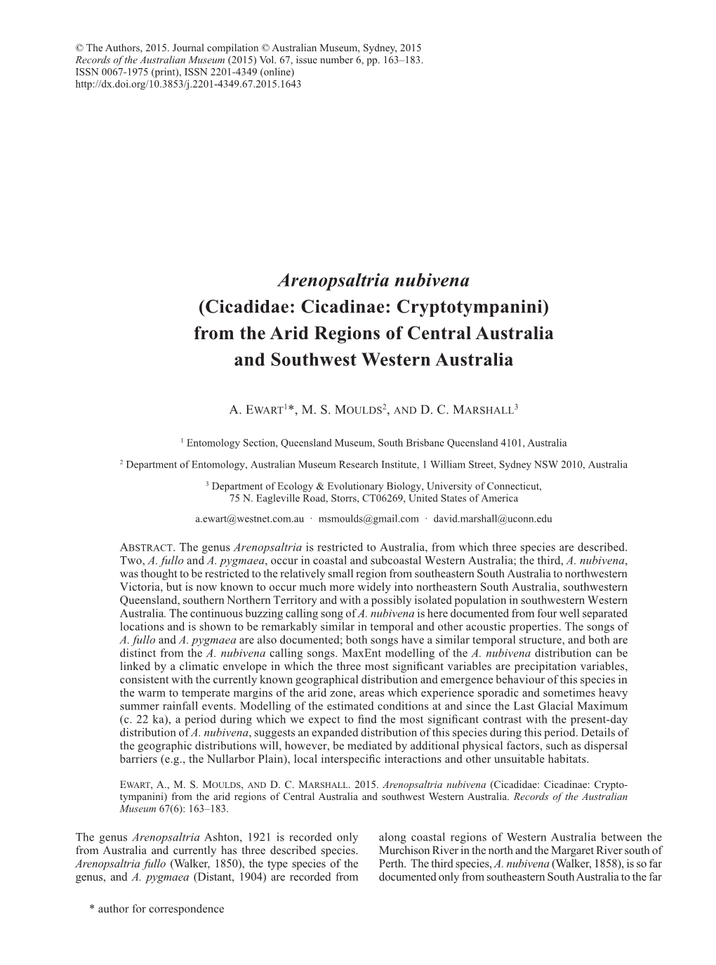 Cicadidae: Cicadinae: Cryptotympanini) from the Arid Regions of Central Australia and Southwest Western Australia