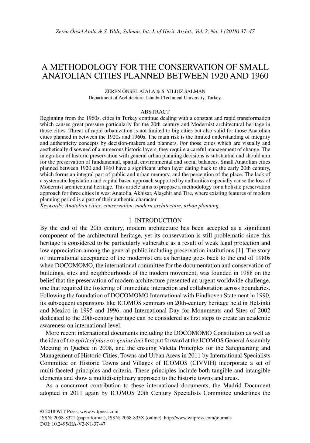 A METHODOLOGY for the CONSERVATION of SMALL ANATOLIAN CITIES PLANNED BETWEEN 1920 and 1960