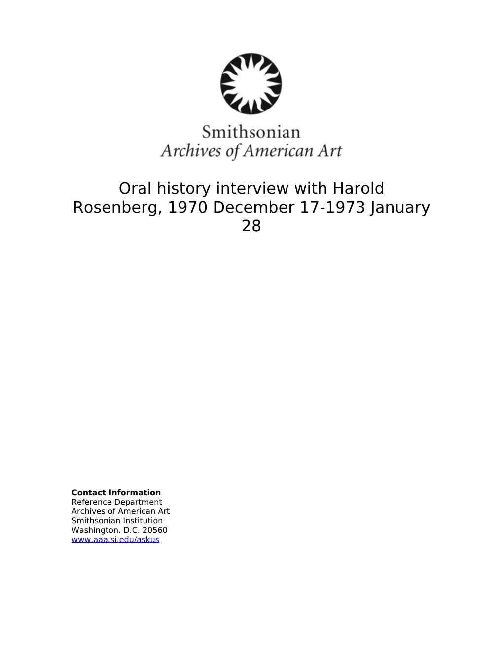 Oral History Interview with Harold Rosenberg, 1970 December 17-1973 January 28