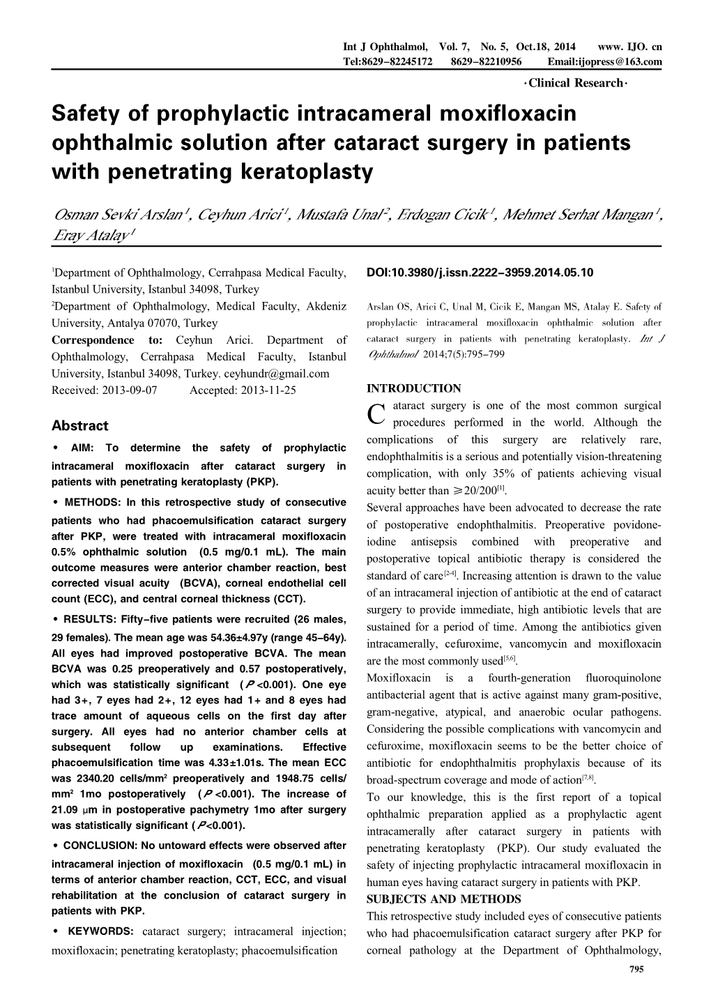 Safety of Prophylactic Intracameral Moxifloxacin Ophthalmic Solution