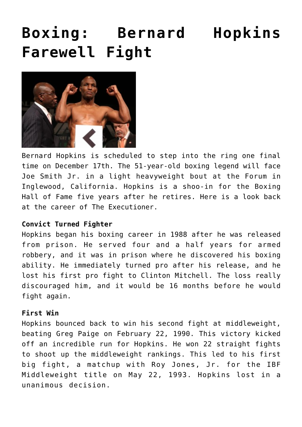 Boxing: Bernard Hopkins Farewell Fight