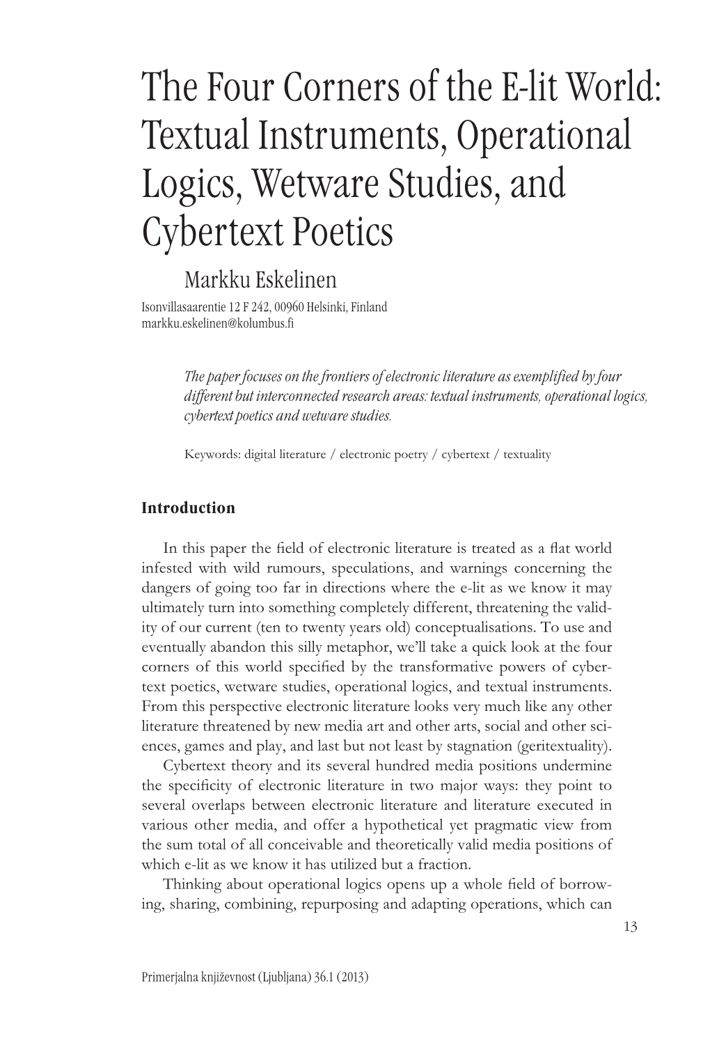 The Four Corners of the E-Lit World: Textual Instruments, Operational