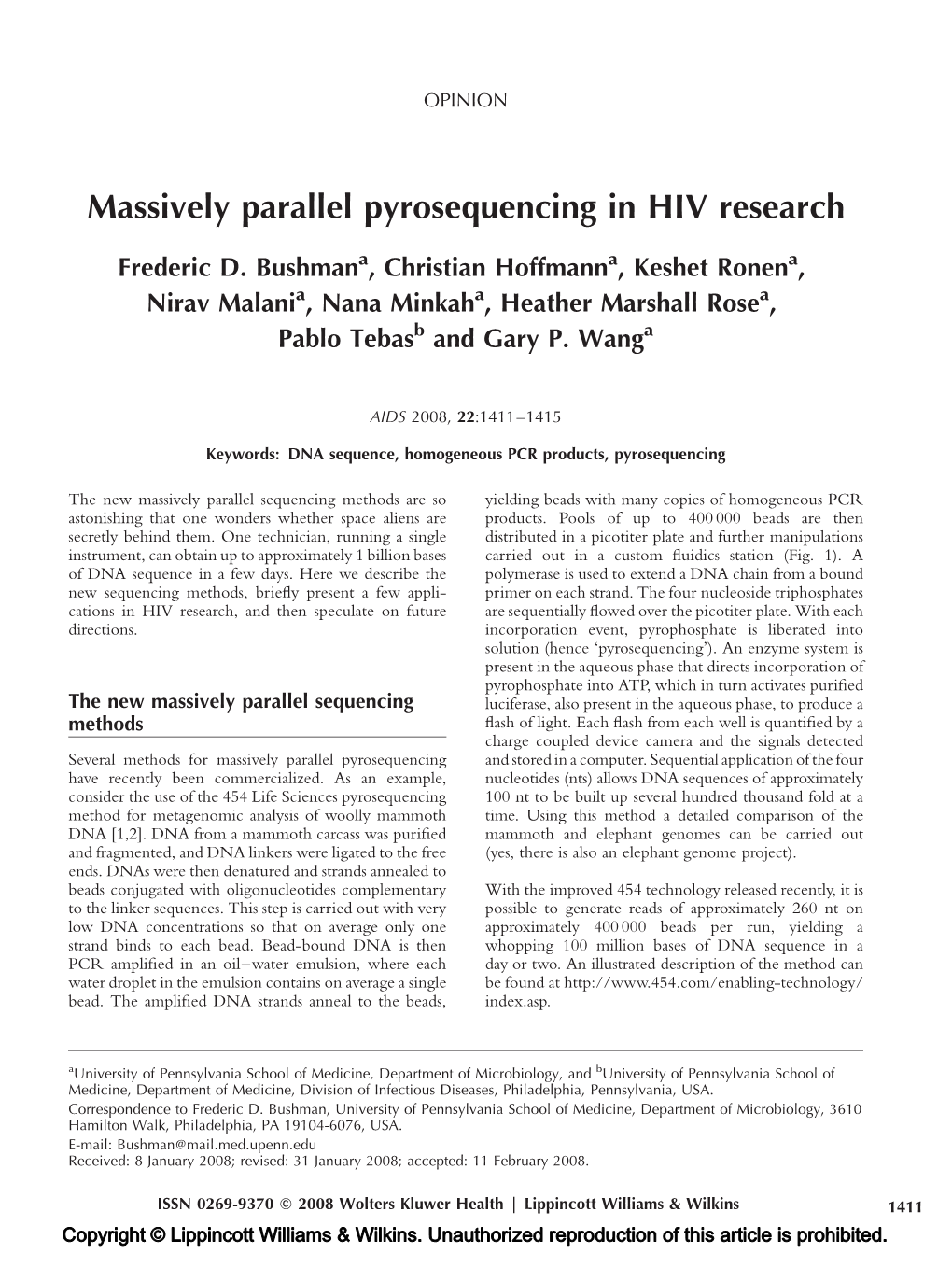 Massively Parallel Pyrosequencing in HIV Research