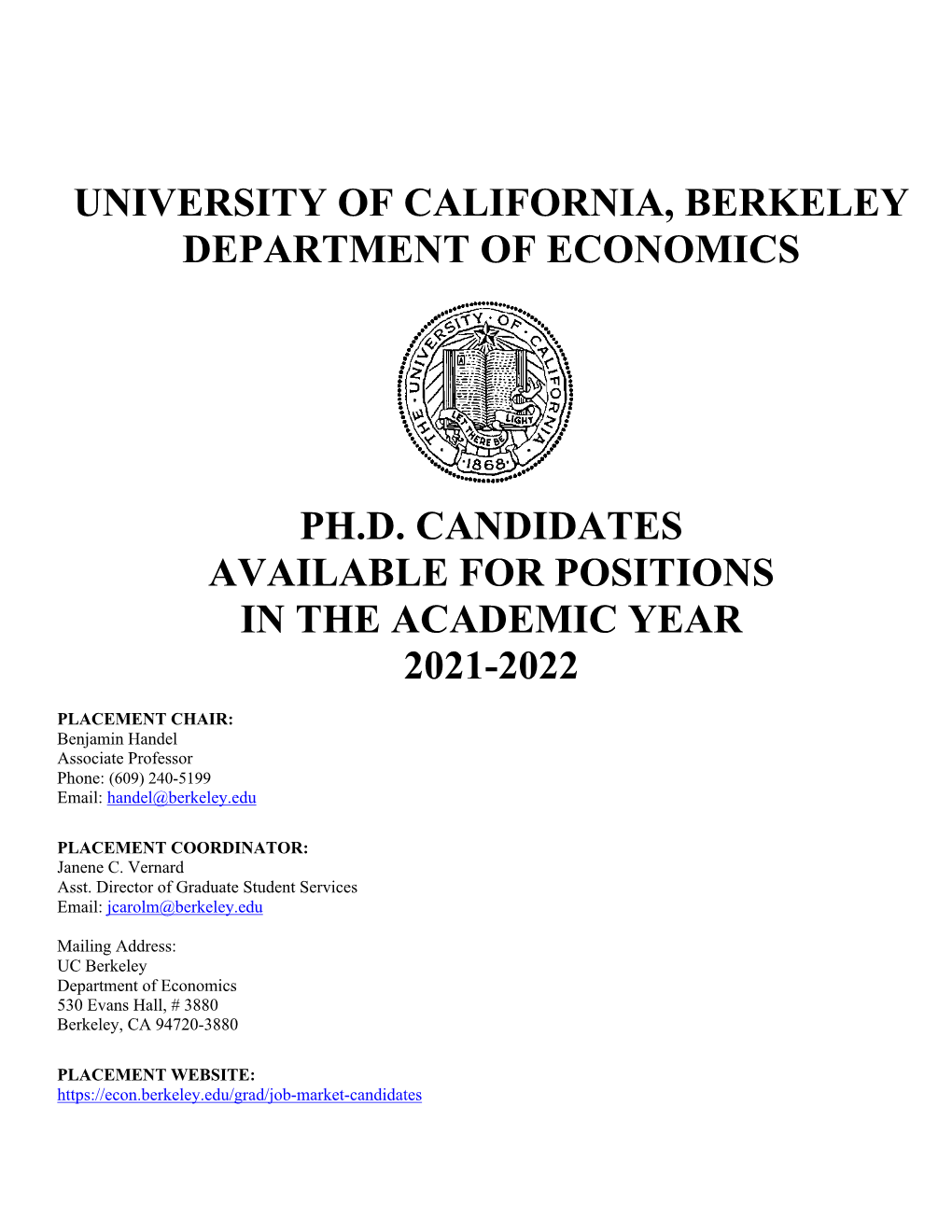 Department of Economics, 2020-2021 Ph.D. Candidate Job Market Roster