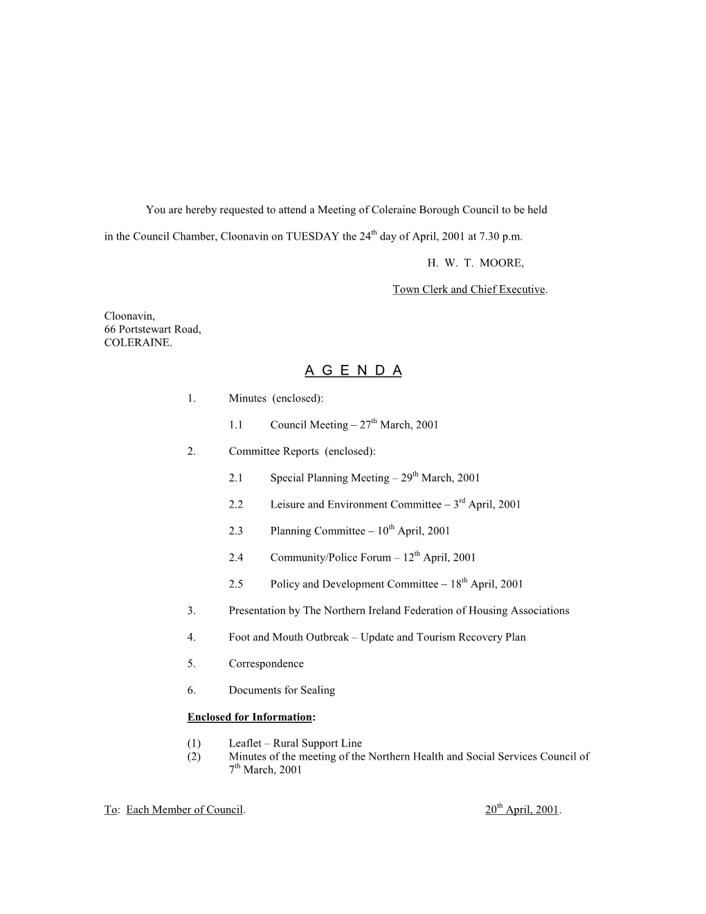 Coleraine Borough Council to Be Held in the Council Chamber, Cloonavin on TUESDAY the 24Th Day of April, 2001 at 7.30 P.M