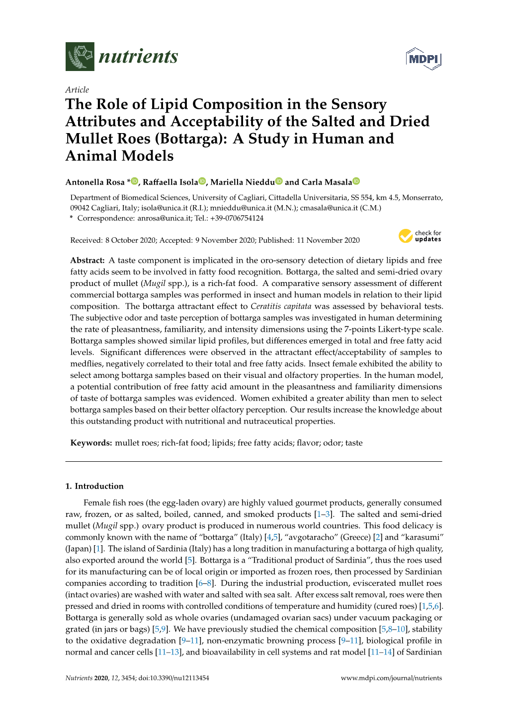 The Role of Lipid Composition in the Sensory Attributes and Acceptability of the Salted and Dried Mullet Roes (Bottarga): a Study in Human and Animal Models