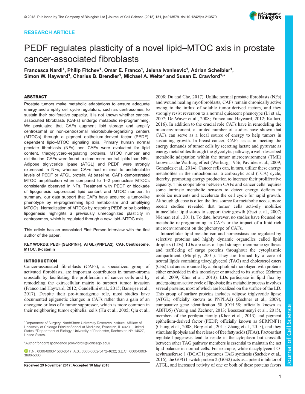 PEDF Regulates Plasticity of a Novel Lipid–MTOC Axis in Prostate Cancer-Associated Fibroblasts Francesca Nardi1, Philip Fitchev1, Omar E