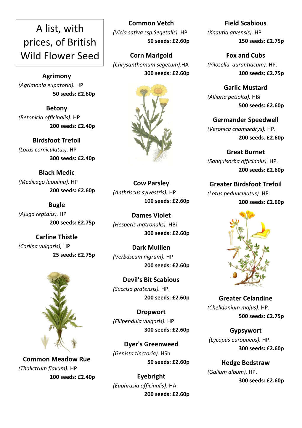 A List, with Prices, of British Wild Flower Seed