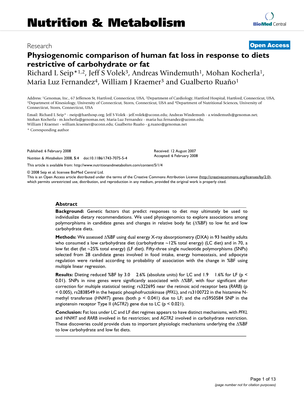 Physiogenomic Comparison of Human Fat Loss in Response to Diets