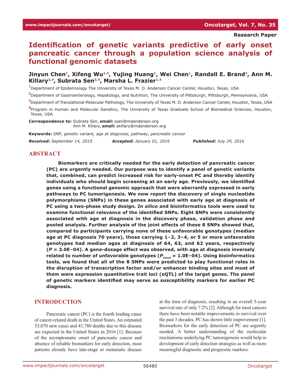 Identification of Genetic Variants Predictive of Early Onset Pancreatic Cancer Through a Population Science Analysis of Functional Genomic Datasets