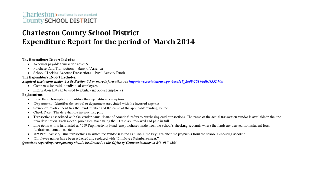 Charleston County School District Expenditure Report for the Period of March 2014