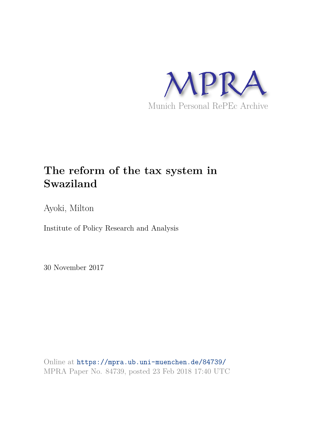 Reform of the Tax System in Swaziland