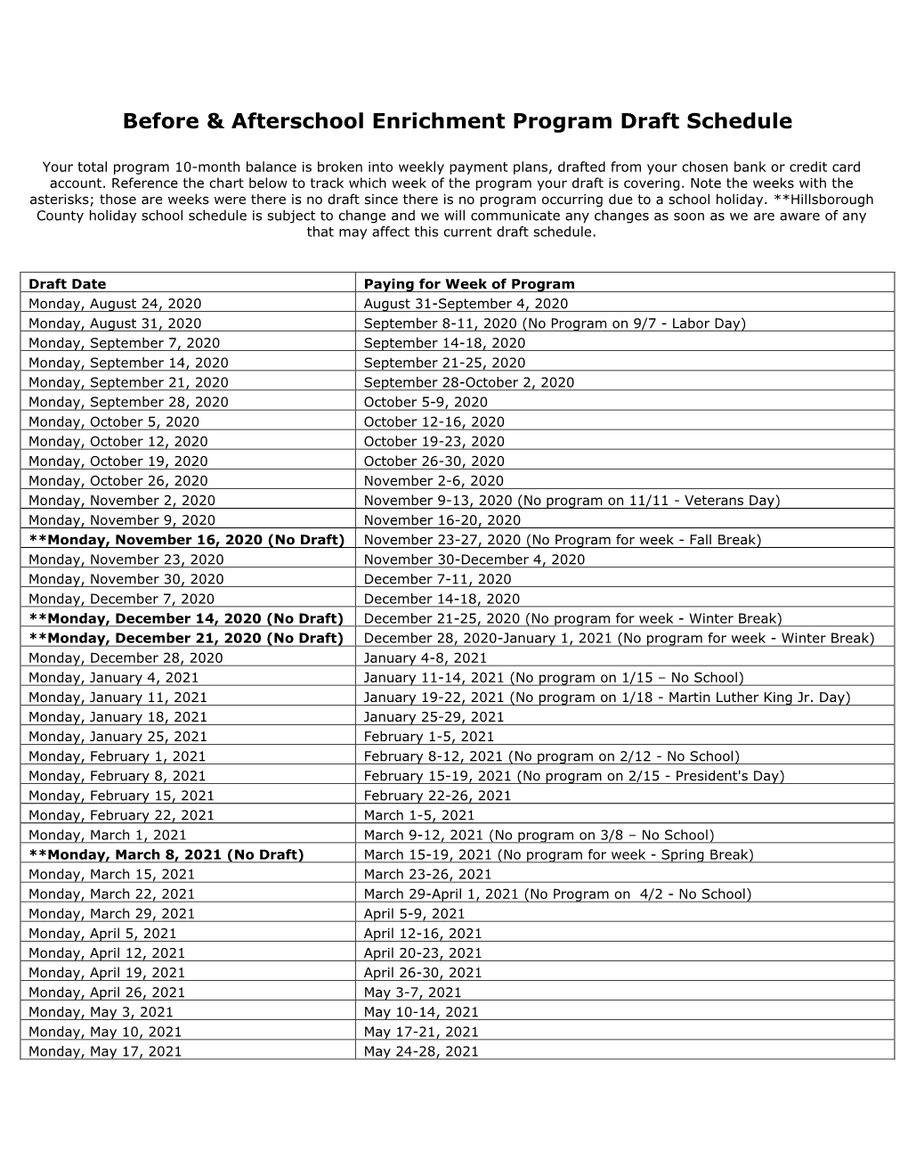 Before & Afterschool Enrichment Program Draft Schedule