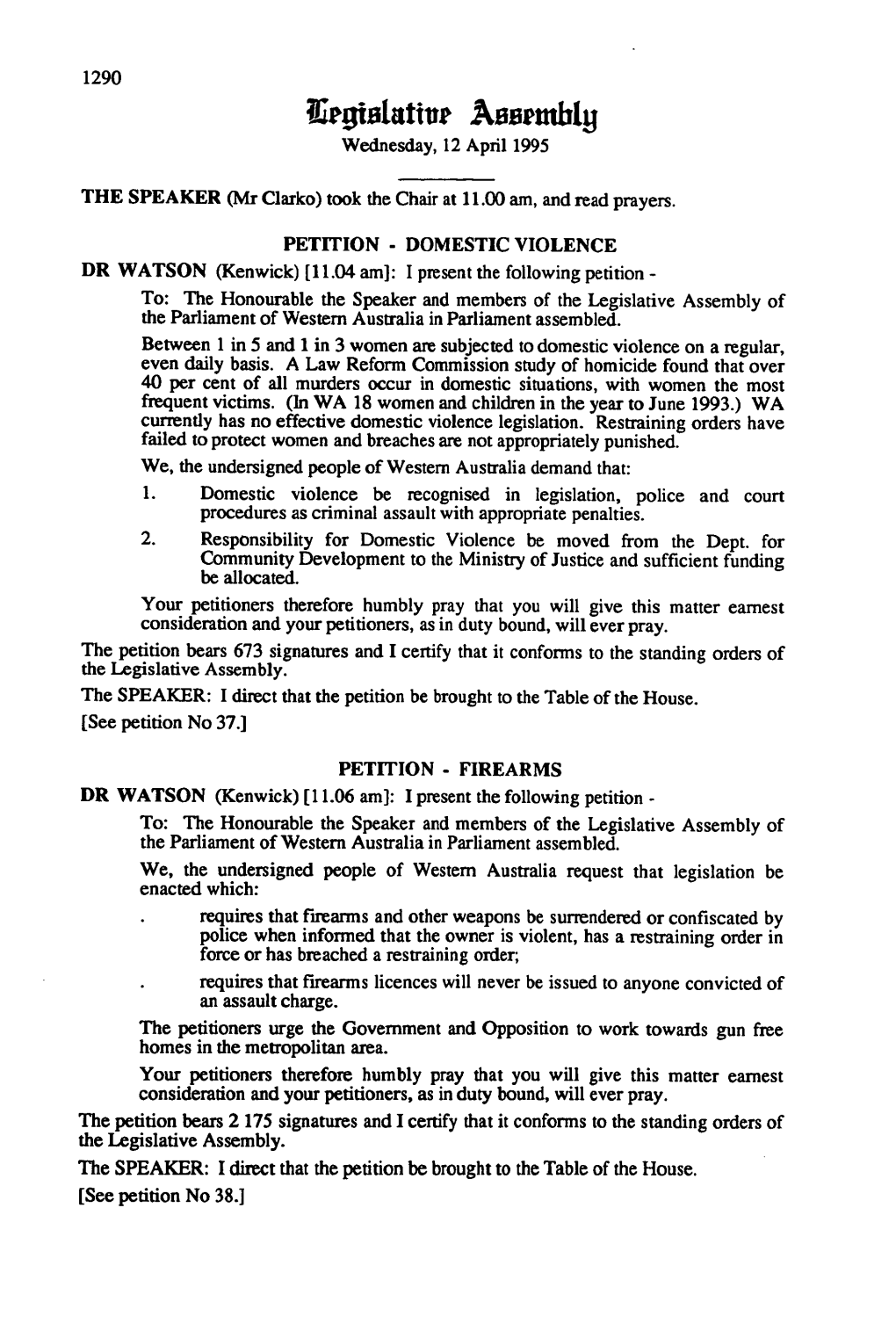 1290 Wednesday, 12 April 1995 the SPEAKER (Mr Clarko)