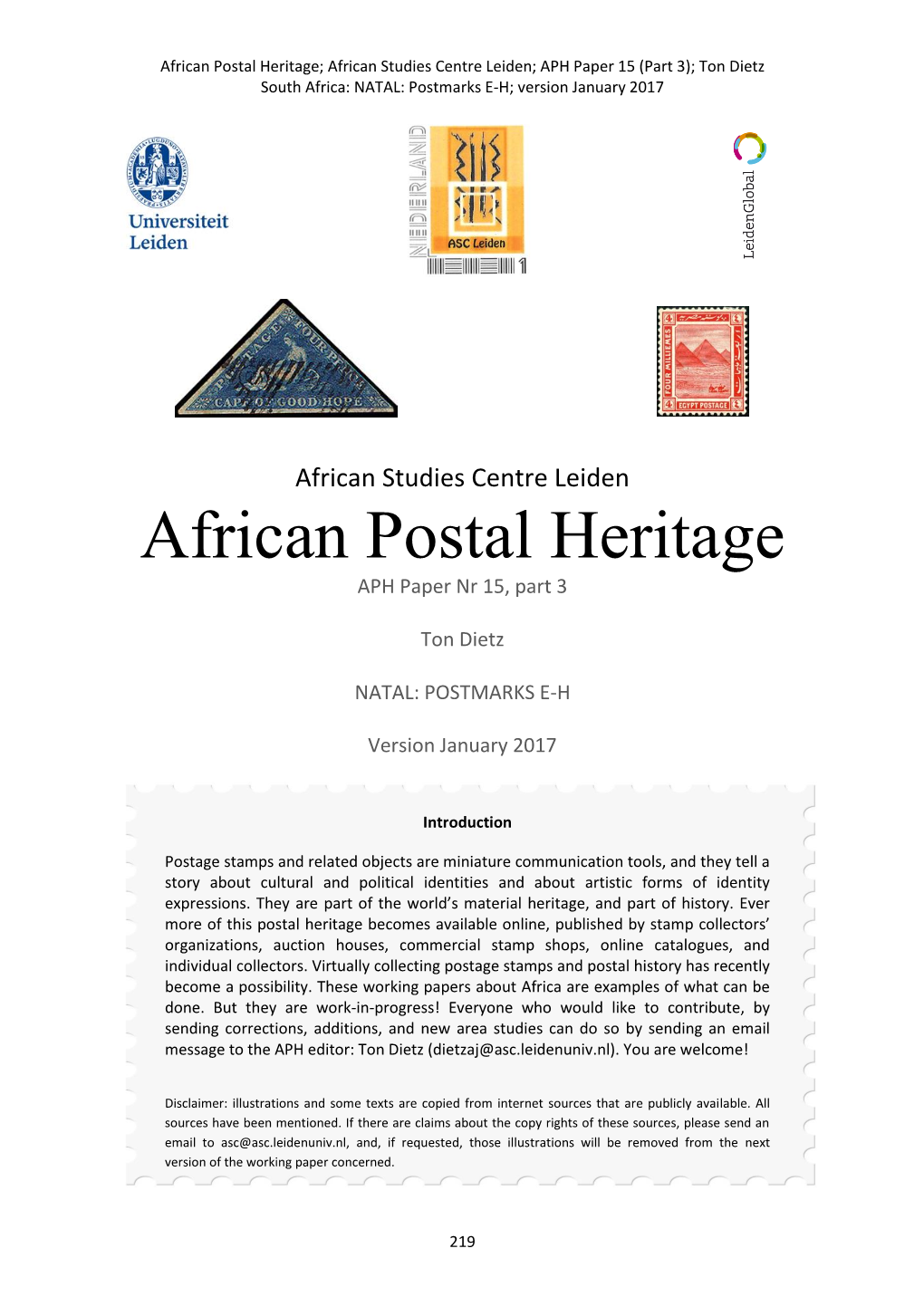 African Postal Heritage; African Studies Centre Leiden; APH Paper 15 (Part 3); Ton Dietz South Africa: NATAL: Postmarks E-H; Version January 2017