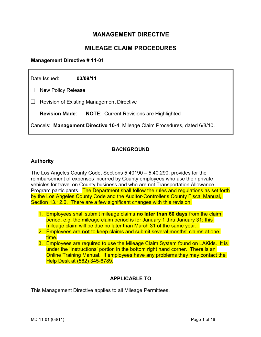 Mileage Claim Procedures