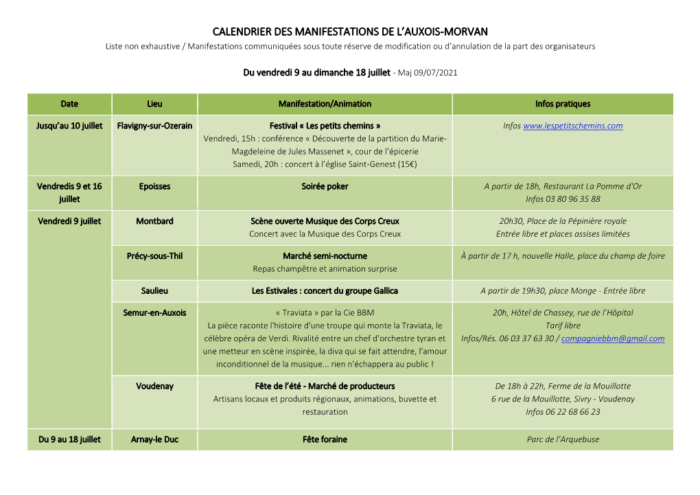 Calendrier Des Manifestations De L'auxois