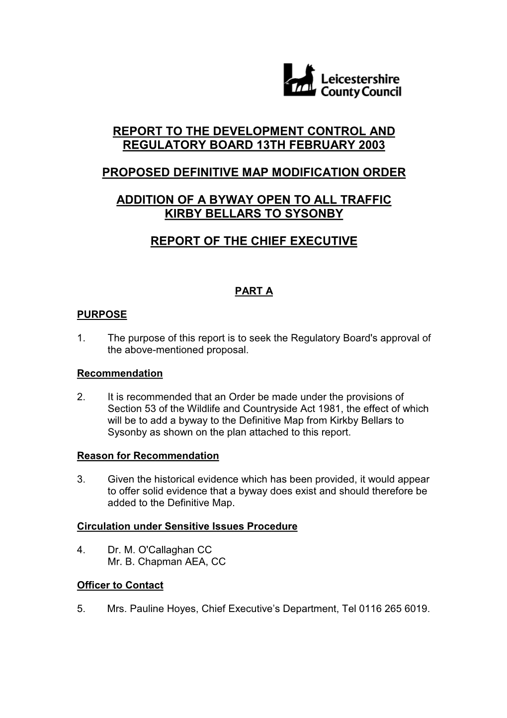 Report to the Development Control and Regulatory Board 13Th February 2003