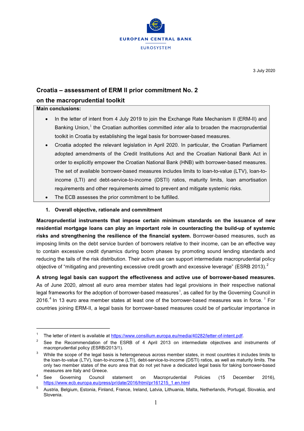 ECB Assessment Report on Completion of the Commitments Made by the Republic of Croatia on the Macroprudential Toolkit