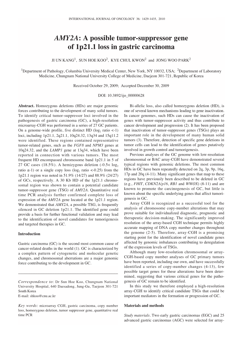 AMY2A: a Possible Tumor-Suppressor Gene of 1P21.1 Loss in Gastric Carcinoma